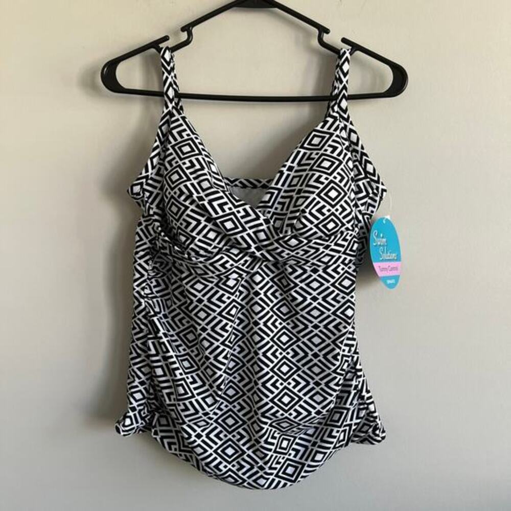 Swim Solutions Twister Tankini Top Tummy Control Black White Diamond Geo 16‎ NWT
